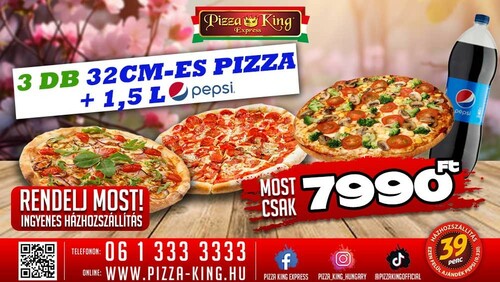 Pizza King 14 Éjszaka - 3 db normál pizza 1,5 literes Pepsivel - Szuper ajánlat - Online rendelés